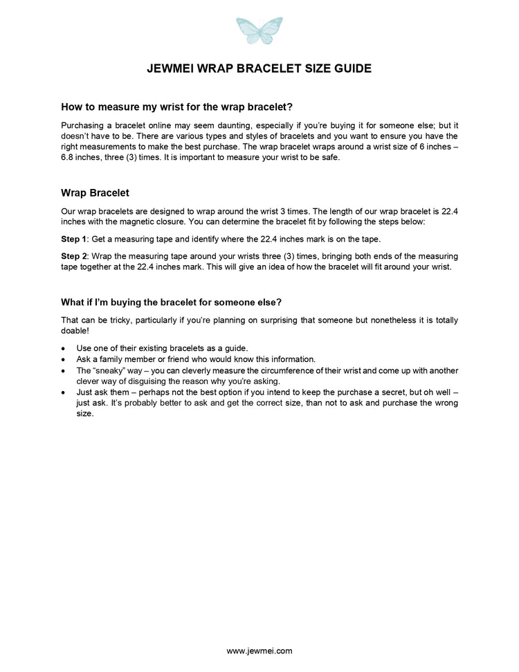 Instruction sheet on how to find the correct size for Jewmei wrap bracelets