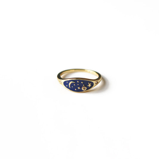 Jewmei Beyond the Moon and Star Ring with navy blue enamel accents.