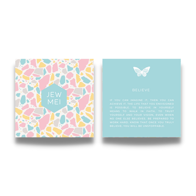 'believe' custom message on keepsake cards for inspirational jewelry products from Jewmei
