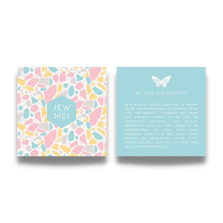 'be like the giraffe' image of the custom message on keepsake cards for inspirational jewelry products from Jewmei