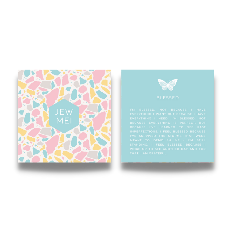 'blessed' custom message on keepsake cards for inspirational jewelry products from Jewmei