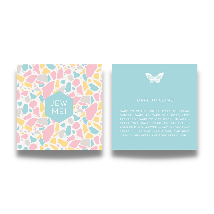 'dare to climb' image of the custom message on keepsake cards for inspirational jewelry products from Jewmei