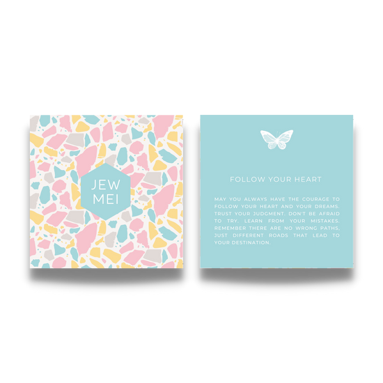 'follow your heart' custom message on keepsake cards for inspirational jewelry products from Jewmei
