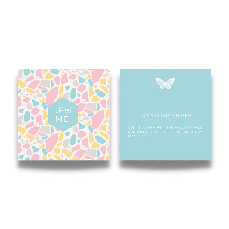 'god is within her' image of the custom message on keepsake cards for inspirational jewelry products from Jewmei