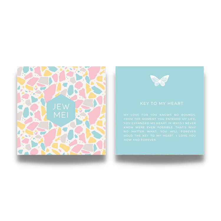 'key to my heart' custom message on keepsake cards for inspirational jewelry products from Jewmei