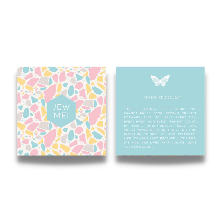 'make it count' custom message on keepsake cards for inspirational jewelry products from Jewmei
