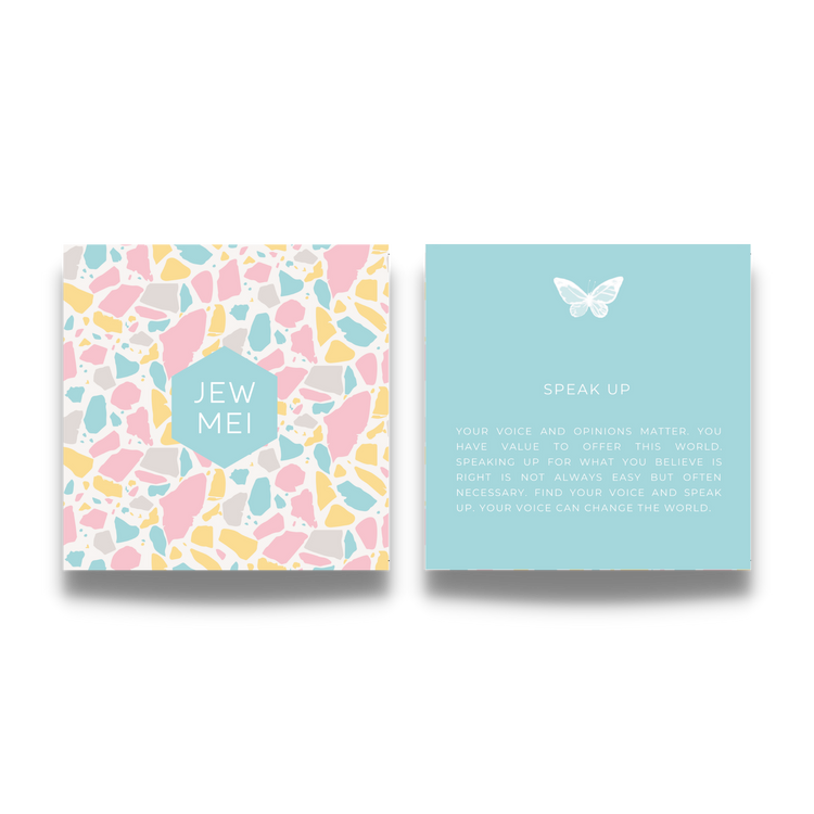'speak up' image of the custom message on keepsake cards for inspirational jewelry products from Jewmei