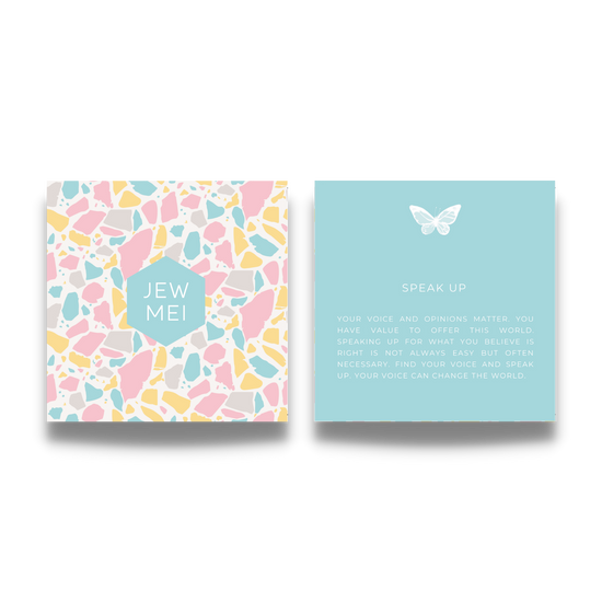 'speak up' custom message cards for inspirational jewelry products from Jewmei