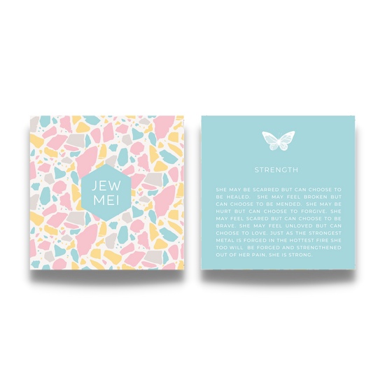 'strength' custom message on keepsake cards for inspirational jewelry products from Jewmei