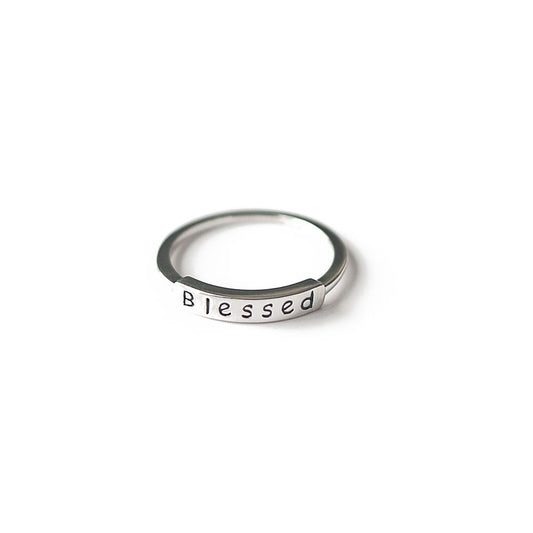 Blessed 925 Sterling Silver Ring with the words “Blessed” engraved on the ring.