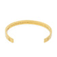 Jewmei gold cuff bracelet showing engraved words, "you are more powerful than you know. Keep going."