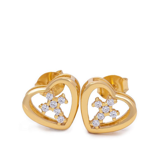 18K Gold Zircon Cross Inside of Heart Stud Earrings from Jewmei