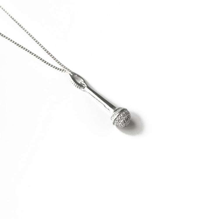 Jewmei Speak Up sterling silver microphone necklace.