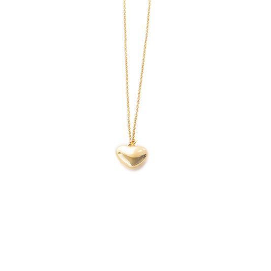 Shiny gold puffed heart necklace, symbolizing enduring love and appreciation, perfect as a gift for Mother's Day or to express love for someone special.