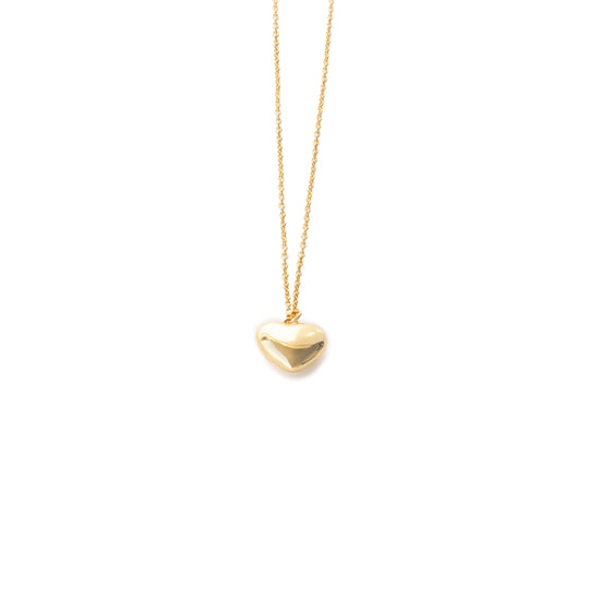 Shiny gold puffed heart necklace, symbolizing enduring love and appreciation, perfect as a gift for Mother's Day or to express love for someone special.