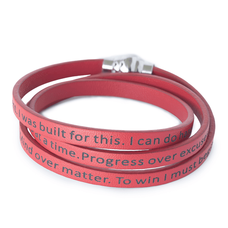 Red unisex vegan leather bracelet with 14 mantras