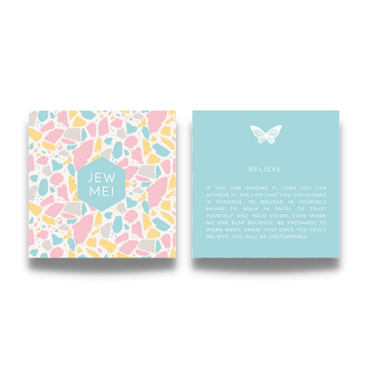 'believe' custom message on keepsake cards for inspirational jewelry products from Jewmei