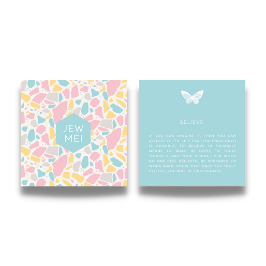 'believe' custom message on keepsake cards for inspirational jewelry products from Jewmei