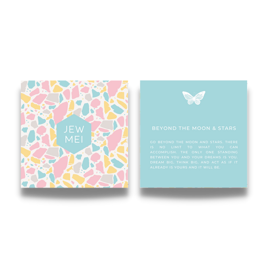 'beyond the moon and stars' custom message on keepsake cards for inspirational jewelry products from Jewmei