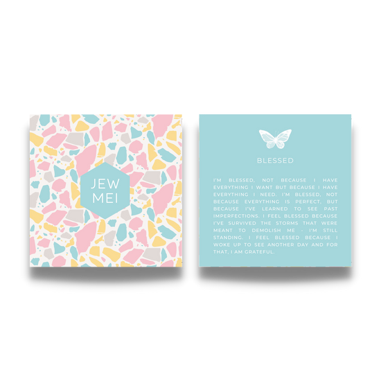 'blessed' custom message on keepsake cards for inspirational jewelry products from Jewmei