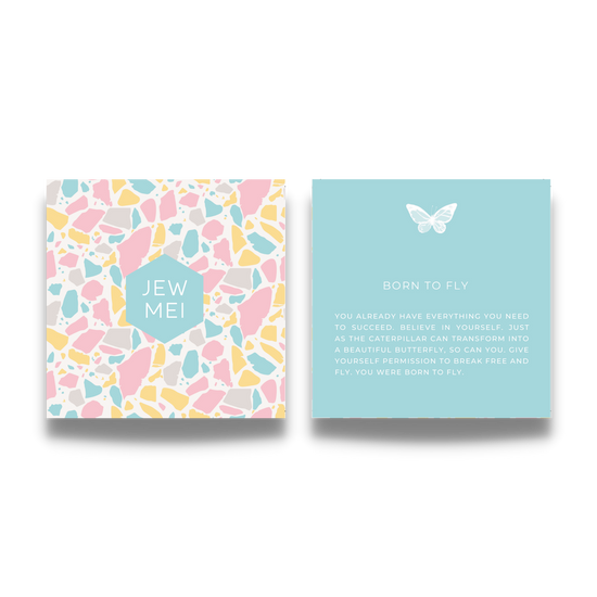 'born to fly' custom message on keepsake cards for inspirational jewelry products from Jewmei