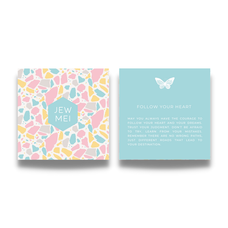 'follow your heart' custom message on keepsake cards for inspirational jewelry products from Jewmei