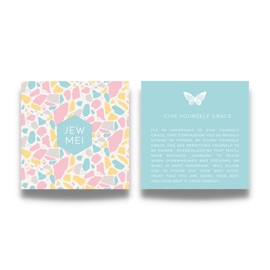 'give yourself grace' custom message on keepsake cards for inspirational jewelry products from Jewmei
