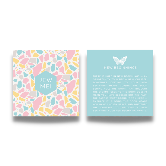 'new beginnings' custom message on keepsake cards for inspirational jewelry products from Jewmei