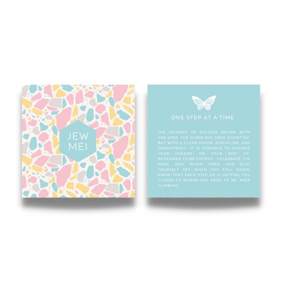 'one step at a time' custom message on keepsake cards for inspirational jewelry products from Jewmei