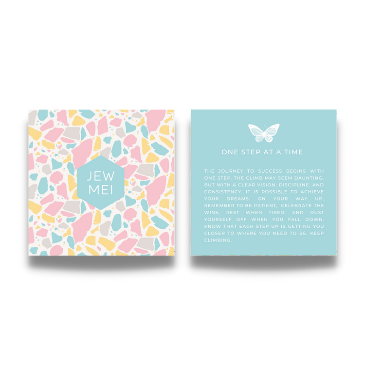 'one step at a time' custom message on keepsake cards for inspirational jewelry products from Jewmei