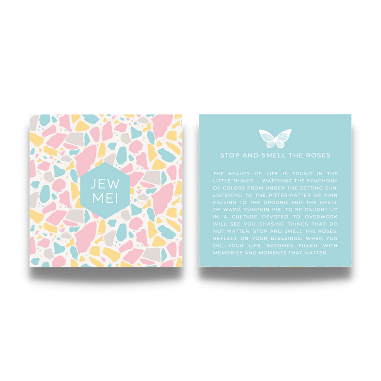 'stop and smell the roses' custom message cards for inspirational jewelry products from Jewmei