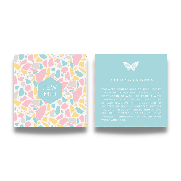 'unclip your wings' custom message on keepsake cards for inspirational jewelry products from Jewmei