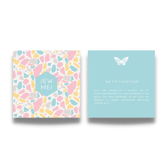 'we fit together' custom message on keepsake cards for inspirational jewelry products from Jewmei